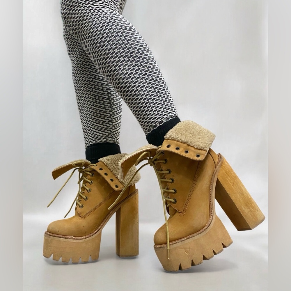 Jeffrey Campbell Tan In Charge Nubuck Leather Shearling Wood Platform Boots - Picture 8 of 15